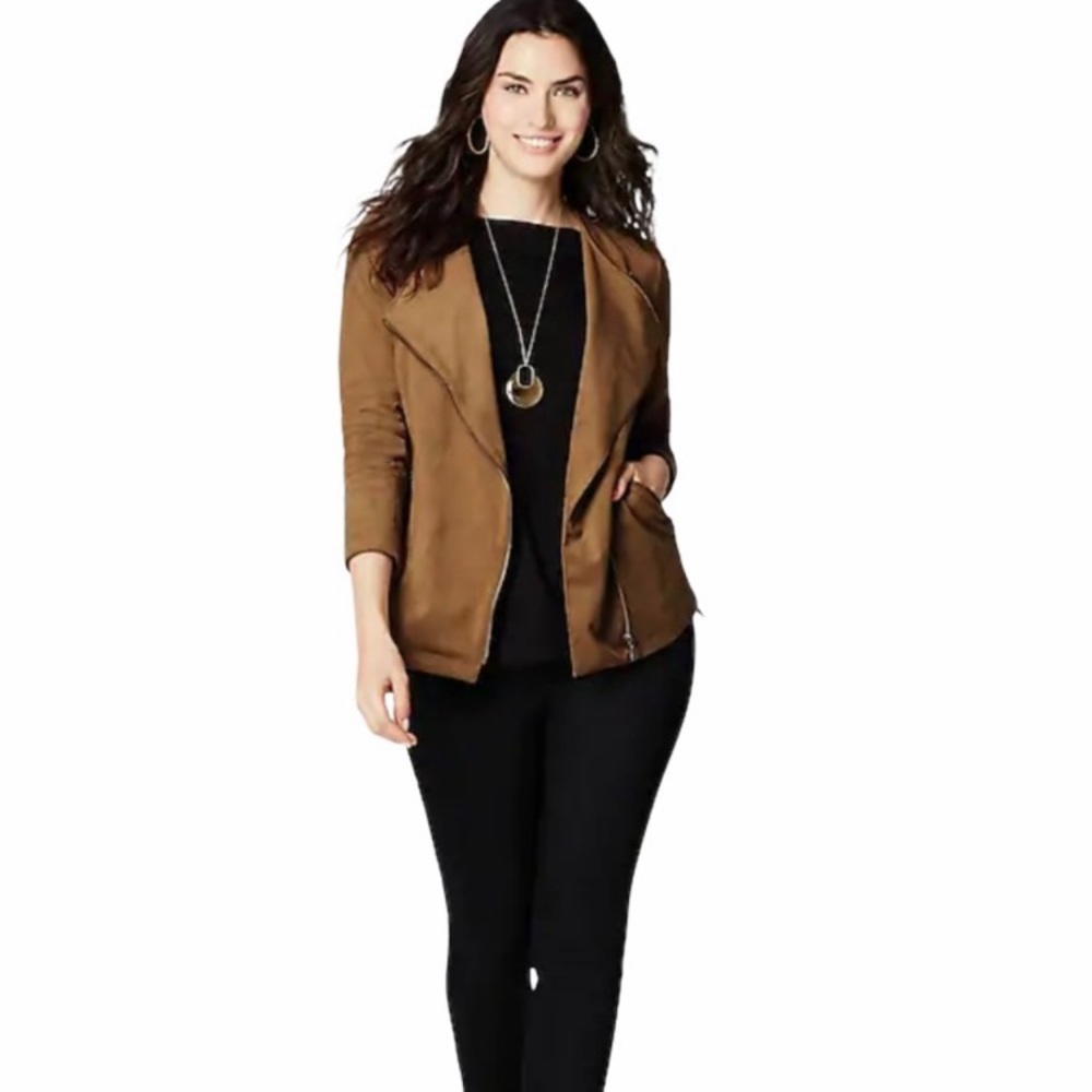 J Jill  Acorn Brown Ultra Soft Faux Suede Moto Zip Jacket Petite L - Picture 4 of 15